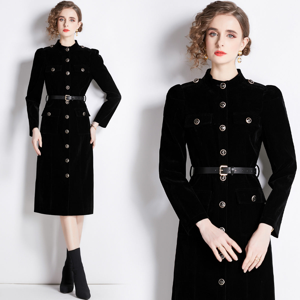 Black velvet trench coat women's autumn and winter new Hepburn style stand-up collar slim fit medium and long coat tide