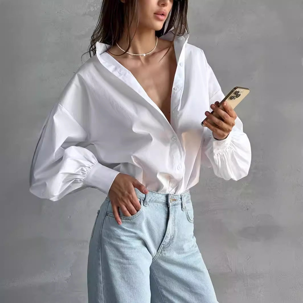 VLOVELAW lantern sleeve women's shirt Popular and 2025 popular summer lazy temperament commuting versatile round neck lantern sleeve shirt