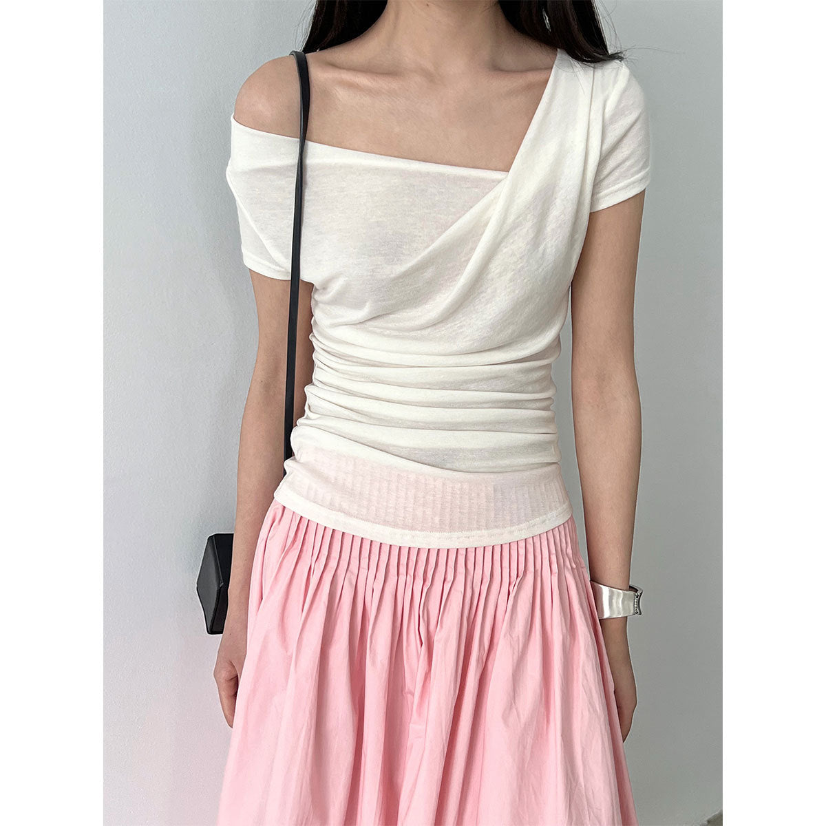 Luxi slanted shoulder swing neck short-sleeved T-shirt women's summer silk wool soft waxy light slim slim top 2699
