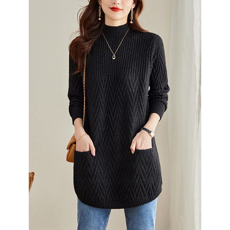 The official website picture direct sales small sweater women's butt covering thickened winter semi-turtleneck medium and long bottoming shirt