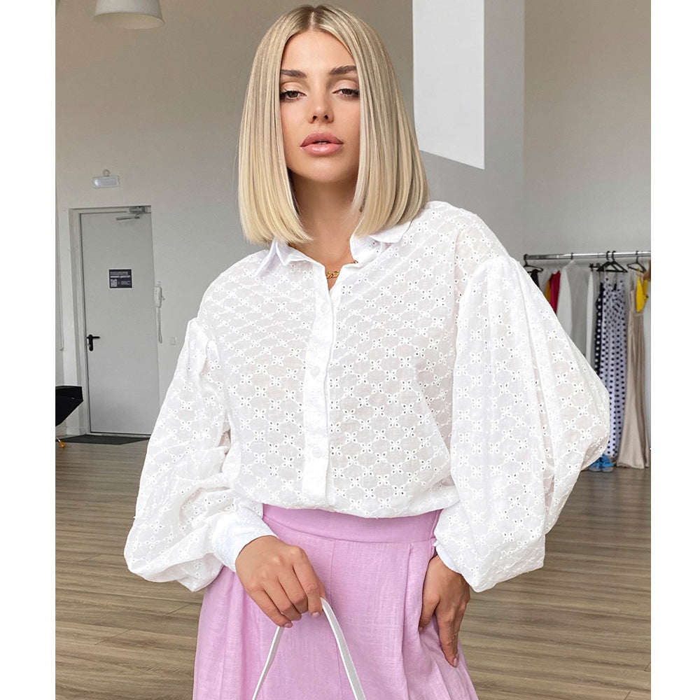 VLOVELAW , lantern sleeve jacquard shirt, 2025 popular spring temperament versatile Polo collar small hollow design shirt