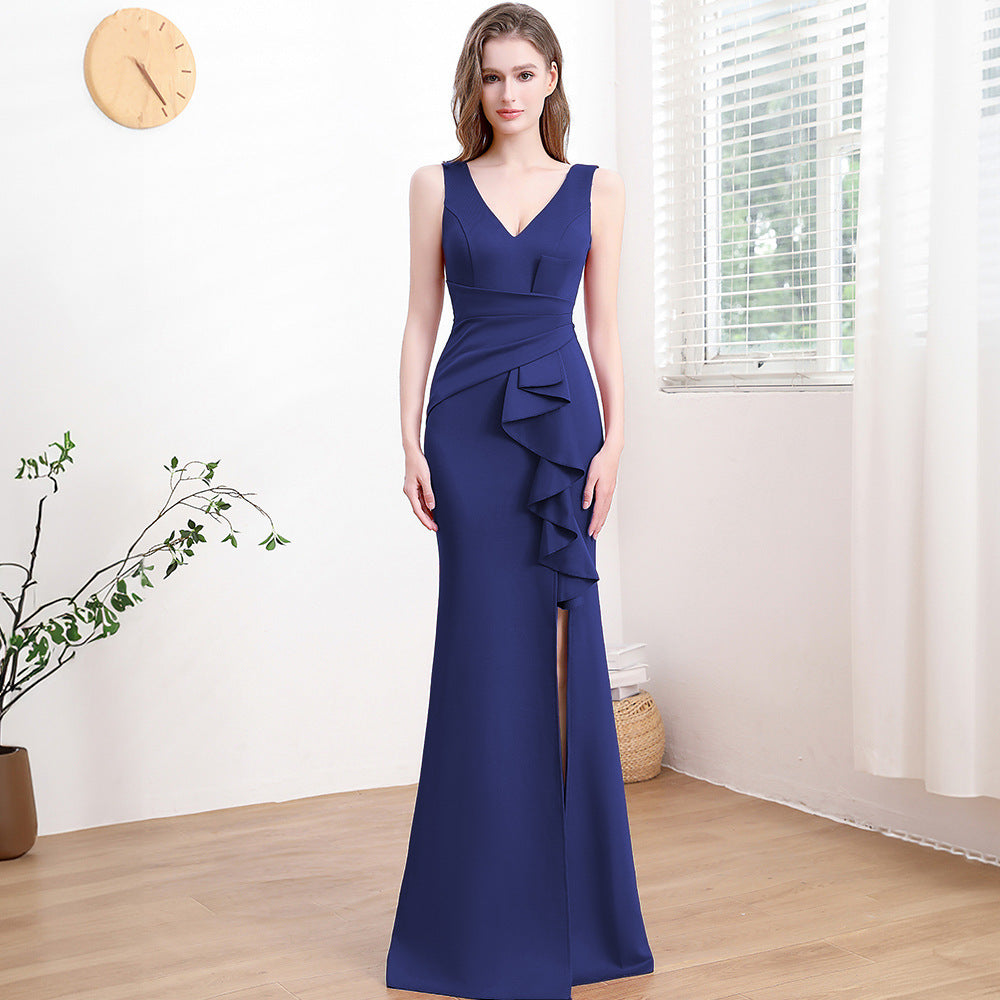 2025 Evening dress skirt, female banquet temperament, celebrity style, high-end side split fork, usually can wear thin sleeveless long dress