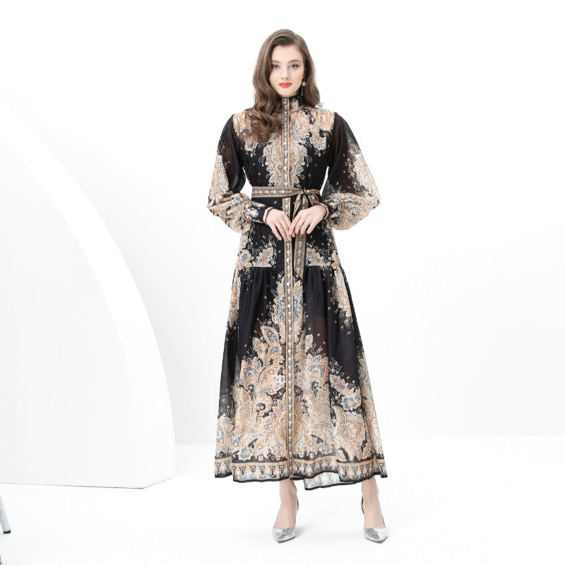 Court style high-end stand-up collar printed dress women's spring strap single-breasted design chic and beautiful long skirt