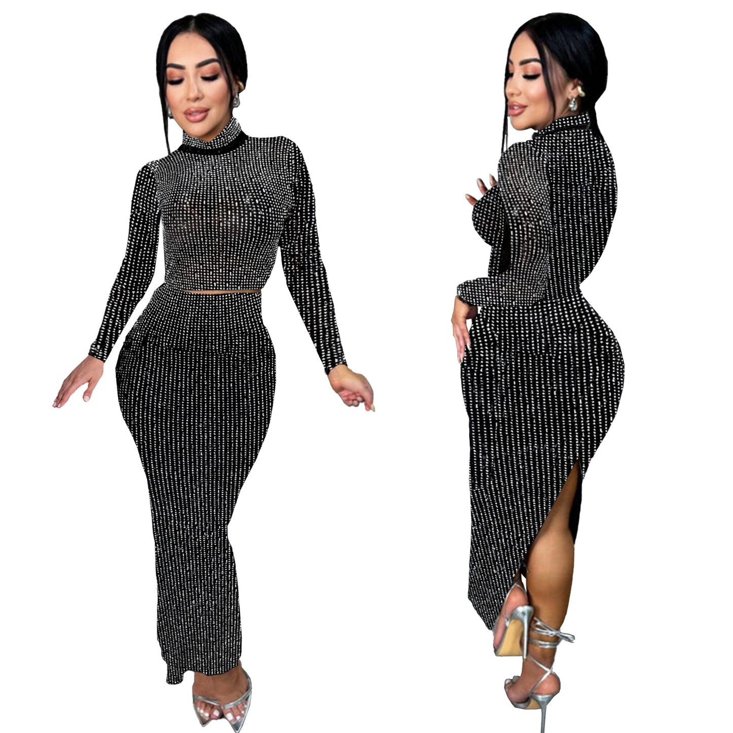 2025 C7093    Popular and  Fashion Women's Clothing Hot Diamond Slim Bag Arm Long Sleeve Two-piece Skirt New