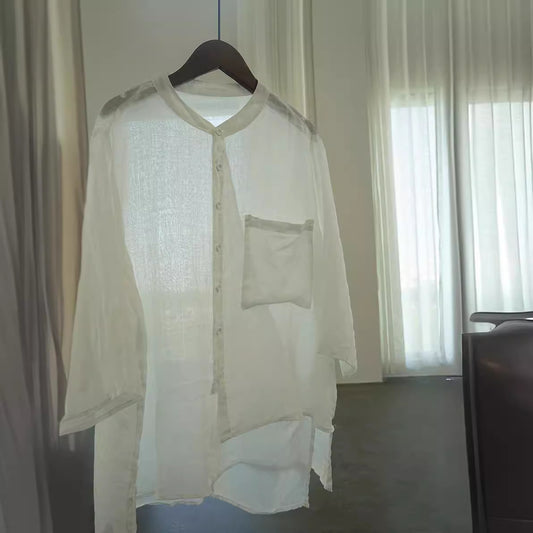 Literary and casual irregular ramie shirt, niche design retro tooling stand-up collar seven-quarter sleeve top W22281