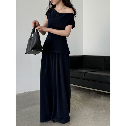 Luxi, Korean swinging collar set asymmetrical slanted shoulder T-shirt + high-waisted casual wide-leg pants summer two-piece set 2678