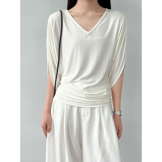 Luxi, Korean lazy style V-neck waist bat sleeve T-shirt women's summer new slim short-sleeved top 2697
