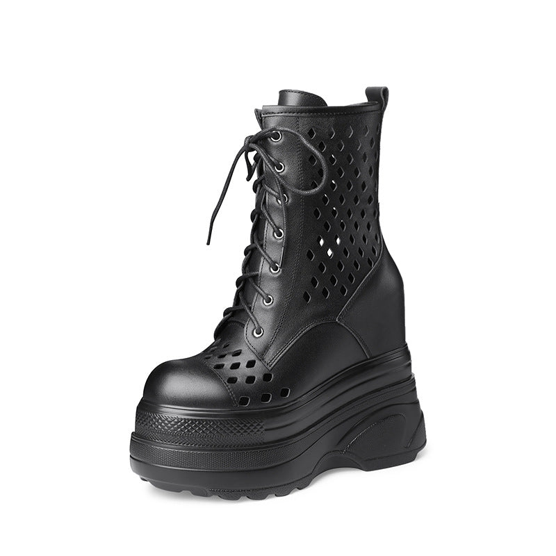 Spring Mid-Calf Lace up Hollow Zipper Hidden Heel Platform 14cm Platform Dr. Martens Boots Women's Boots Fashion