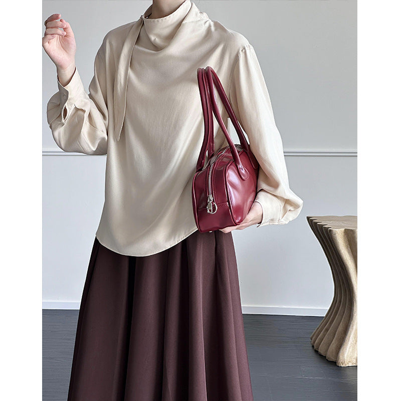 2025 Tachibana popular autumn new top niche temperament chic and thin irregular drape streamer shirt women 4533
