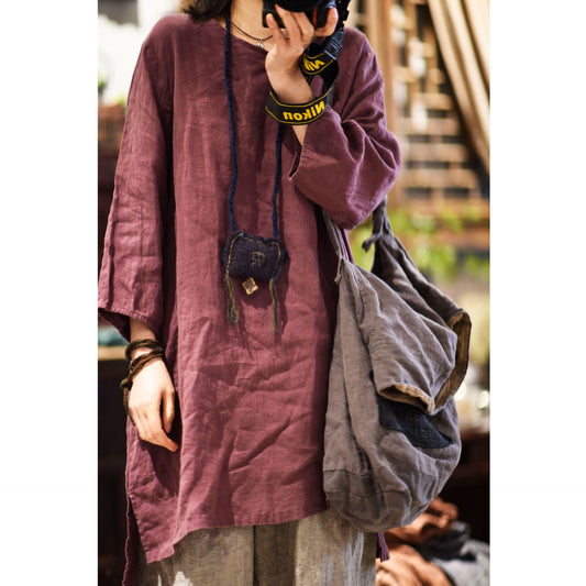 2025    22/5 Big Joe, literary and retro linen hand-sewn buckle V-neck pullover, medium and long linen shirt with seven-quarter sleeves