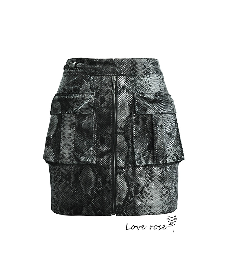original designer, snake pattern glossy slim-fitting hip-wrapped elastic short skirt, super short skirt