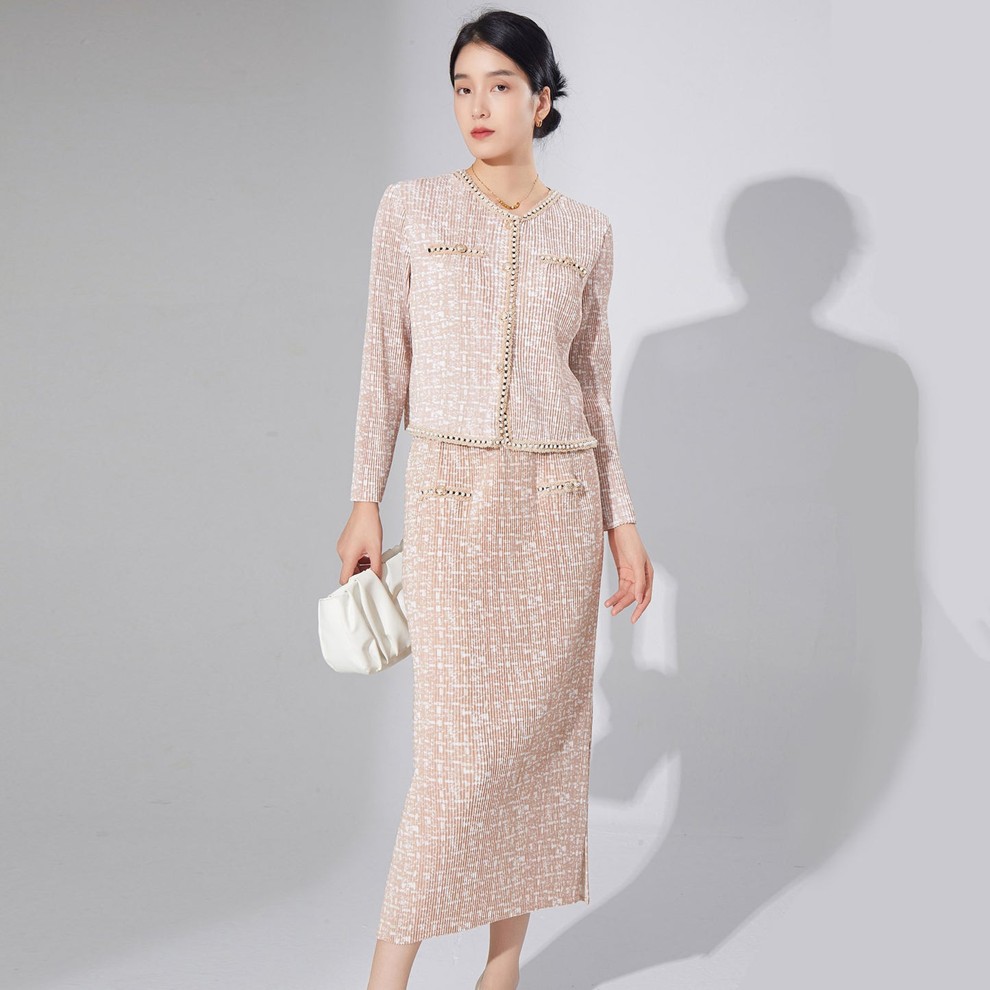 2025 High-end women's clothing Xiaoxiangfeng suit temperament cardigan jacket top medium and long split skirt pleated two-piece set