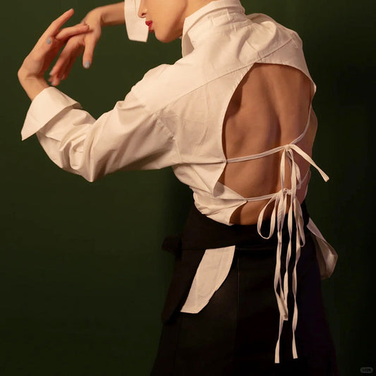 2025 Simple versatile lapel top  spring new fashion temperament commuter style backless lace-up long-sleeved shirt women