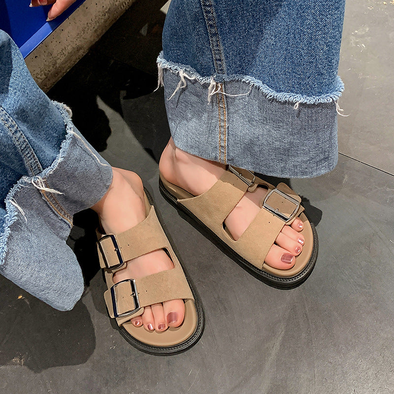 VLOVELAW Grape Mom's Same Retro Genuine Leather Slippers round Toe with Square Buckle Adjustable Platform Casual Boken Slippers
