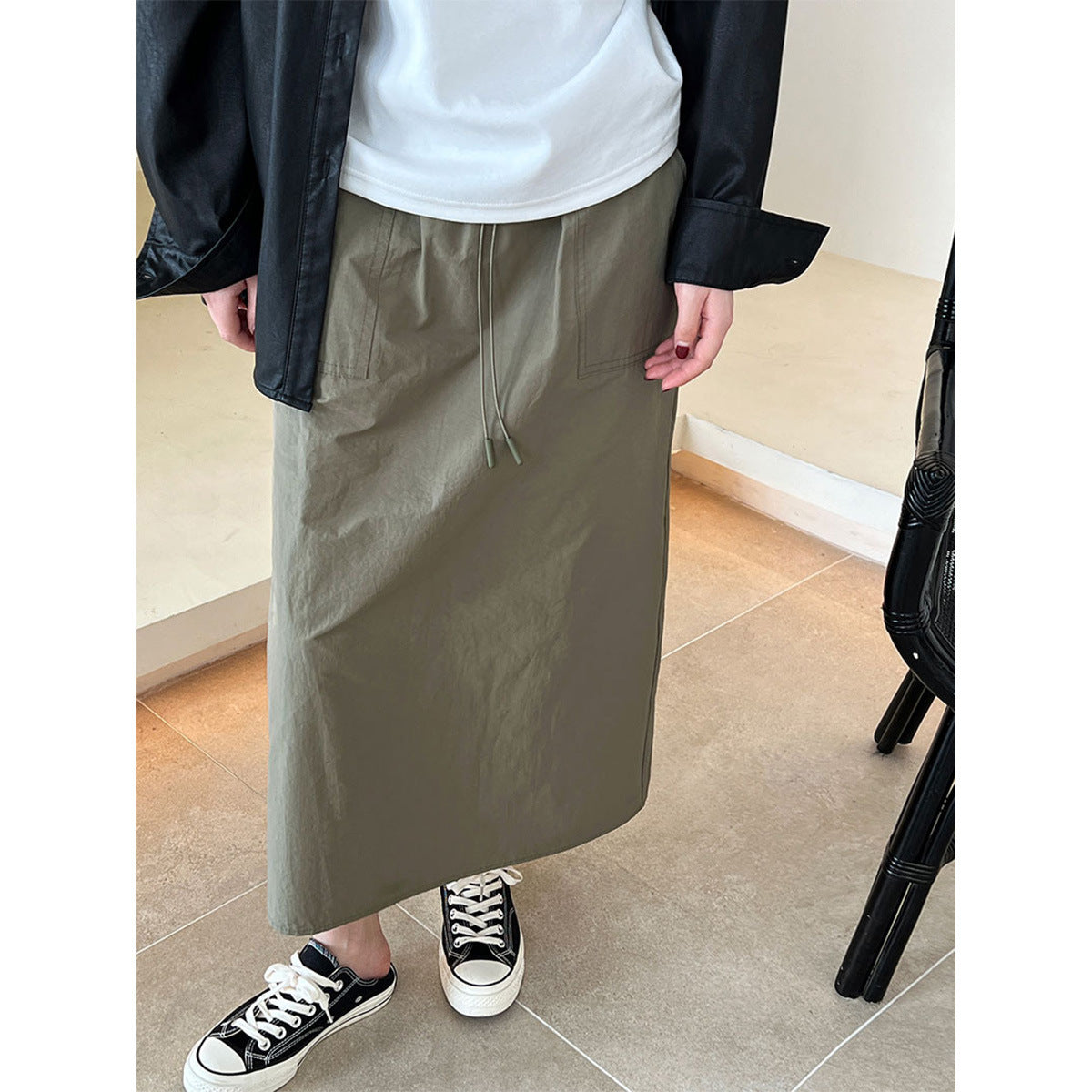 Luxi, retro drawstring tooling skirt new design sense thin straight skirt high waist skirt 9617