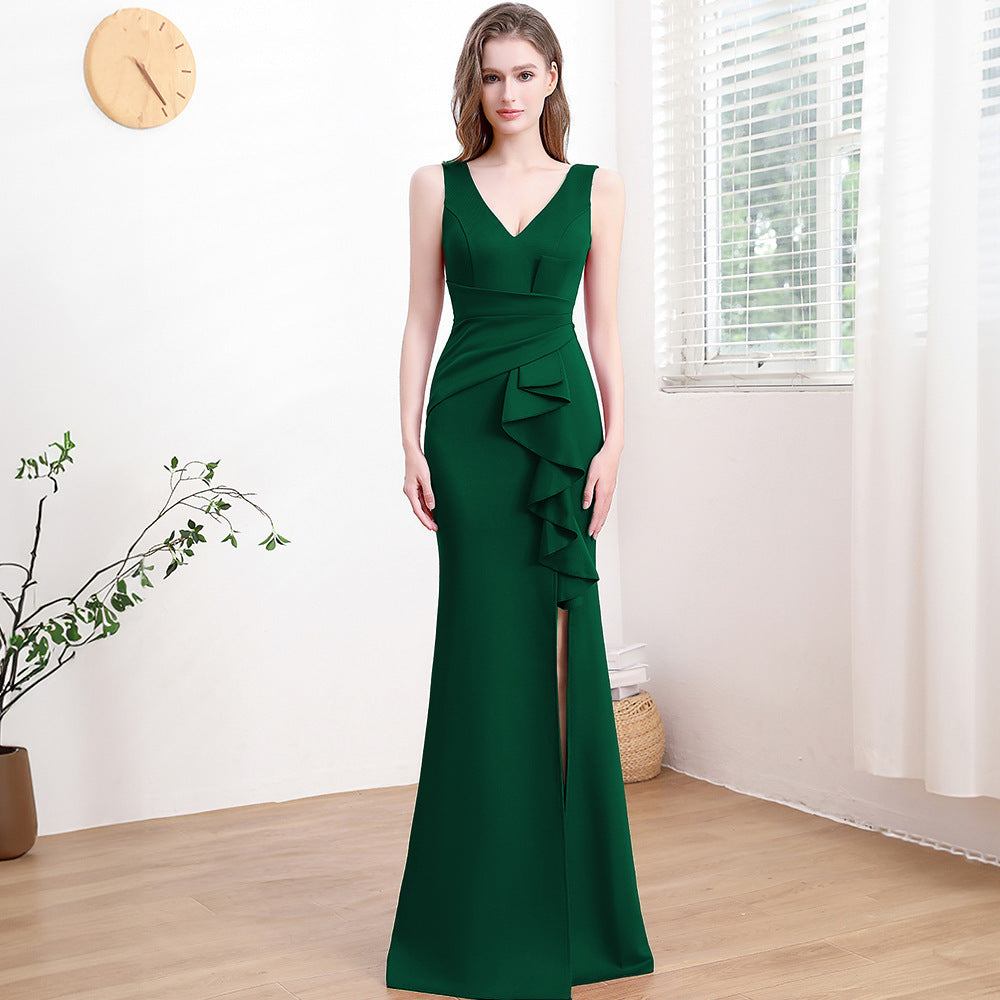2025 Evening dress skirt, female banquet temperament, celebrity style, high-end side split fork, usually can wear thin sleeveless long dress