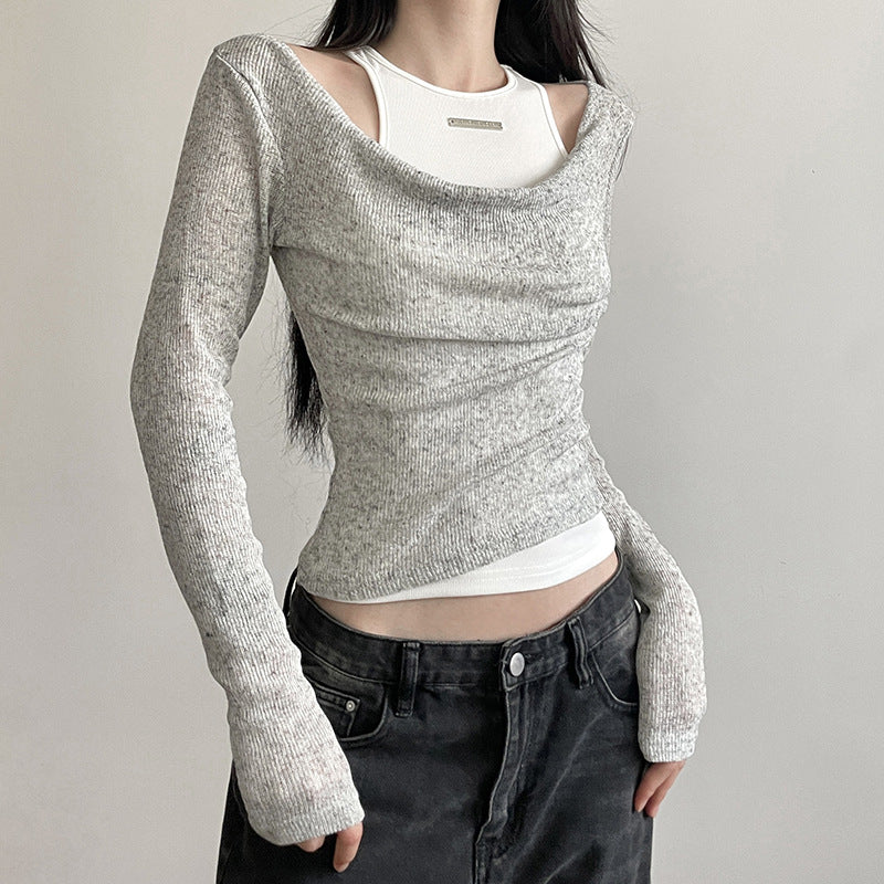 VLOVELAW Simple Style Two-Piece Knitted Sunken Stripe T-shirt Women's Autumn European and American Solid Color Top Ins New Bottoming Shirt