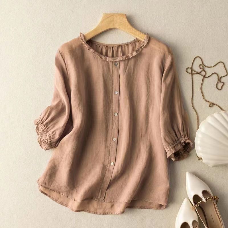 VLOVELAW Three-Quarter Sleeve Western Style Slimming Shirt Summer Mother's Breathable Cotton and Linen Top Wine Red Pullover Shirt Women's
