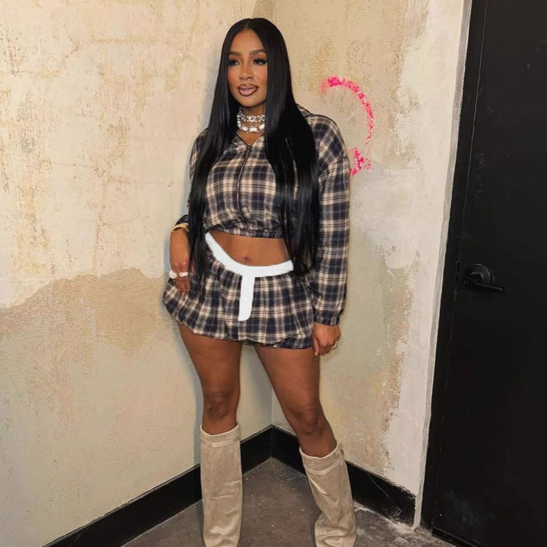 new New fashion millennial girl grid printing zipper short coat top bud short skirt set