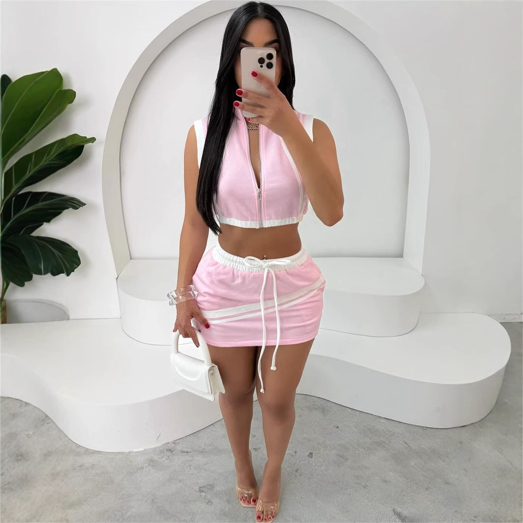 new New fashion slim-fit street zipper sleeveless open-button vest top, hip-wrapped lace-up short skirt set