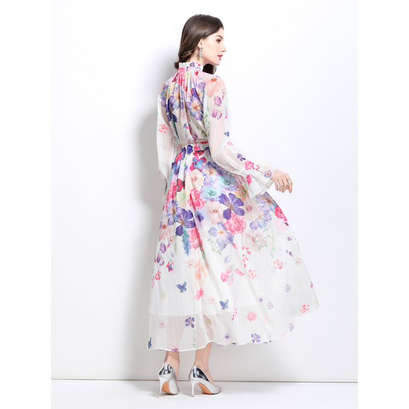 celebrities high-end lace-up flared sleeves printed chiffon top women's high waist hanging big swing skirt set