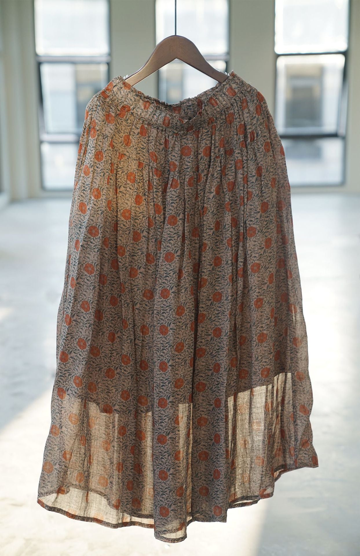 retro digital printing ramie pendulum skirt, literary double-layer elegant elastic waist dress B22228