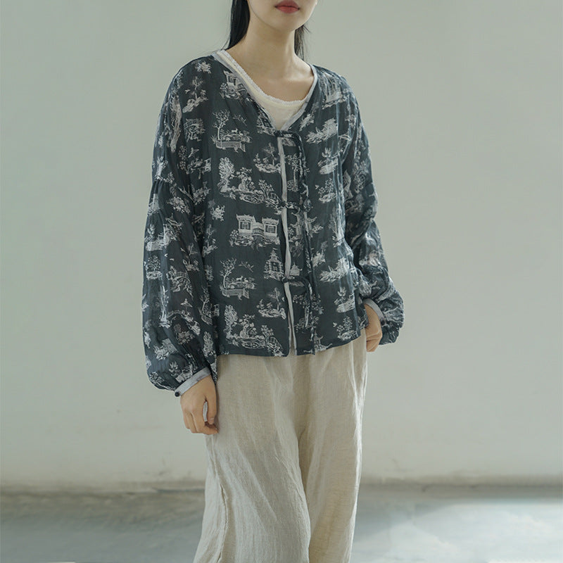 retro pair ramie printed shirt, casual age-reducing lantern sleeve cardigan sunshade S22207