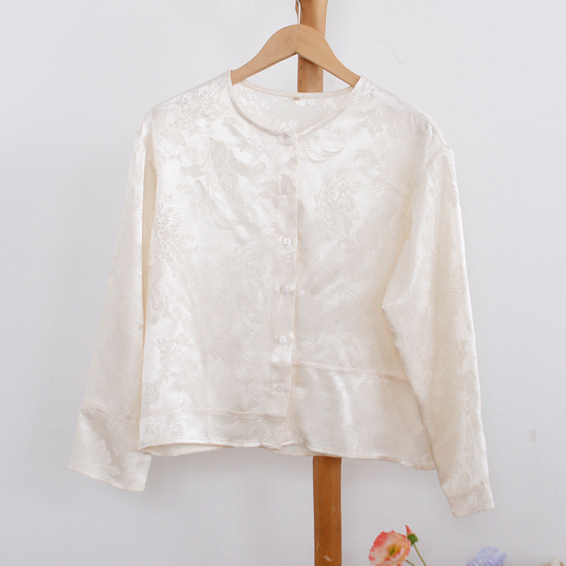 New Chinese top women's summer, shirt women's spring and summer, Chinese women's clothing, beige round neck casual cardigan B0456
