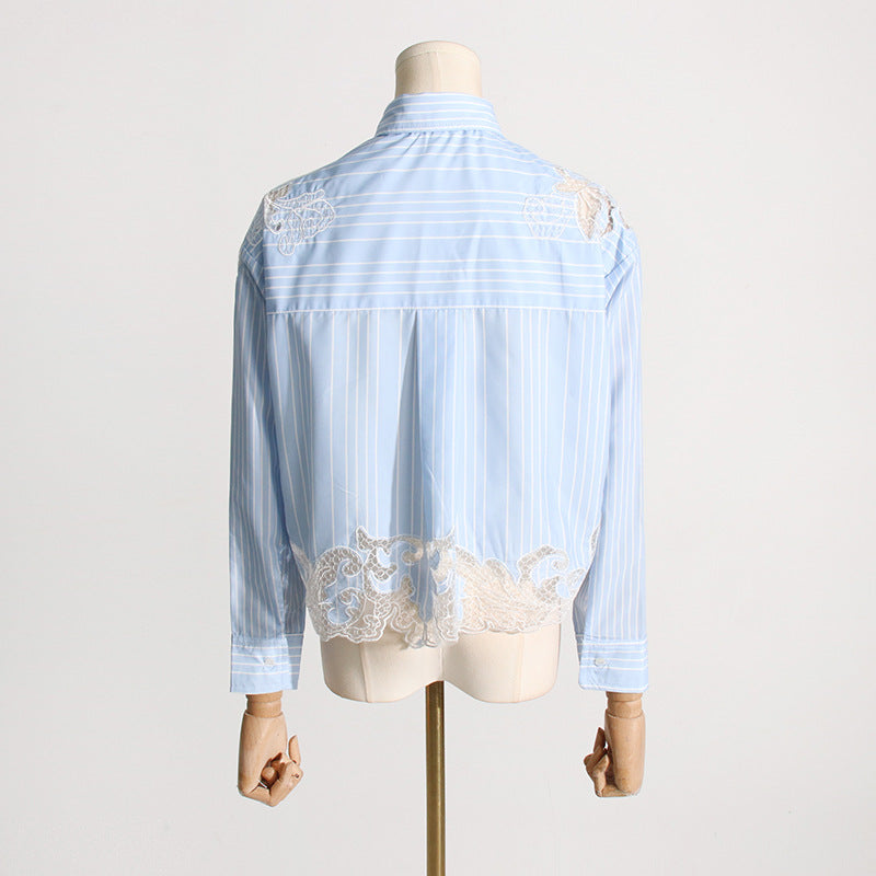 2025 Fashion temperament shirt women's spring new lapel mesh splicing design sense hollow long-sleeved women's cardigan