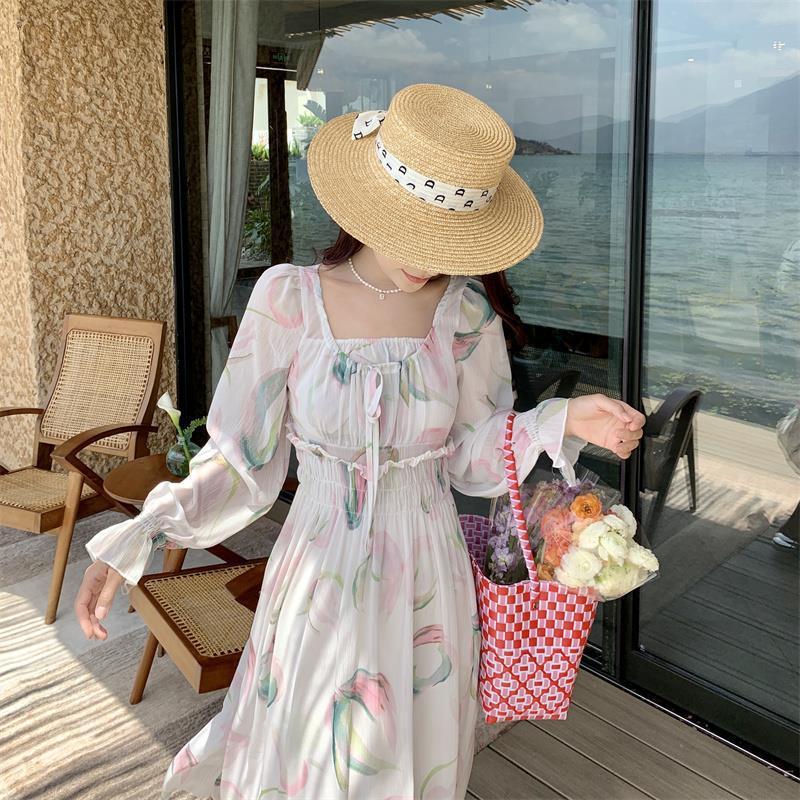 2025 retro high-end skirt spring and autumn new breathable and cool waist lace-up printed long-sleeved dress women