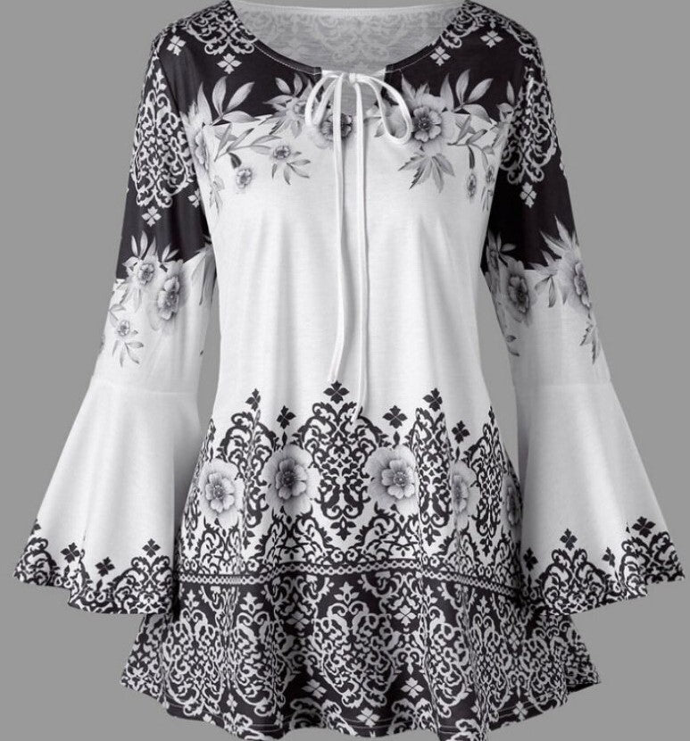 VLOVELAW European and American New Women's Clothing Printing Long Horn Sleeve Lace-up T-shirt Slim Long Sleeve plus Size Women's Clothing