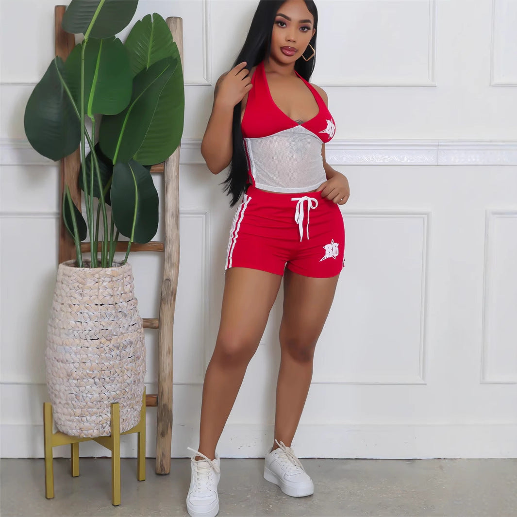 summer new women's clothing New sexy Spice Girls printed halter neck hanging perspective hollow tube top shorts set