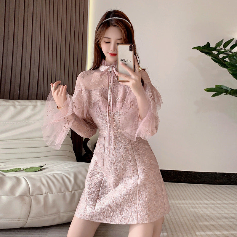 Light temperament fashion dress female celebrity heavy industry mesh embroidery high-end jacquard slim skirt