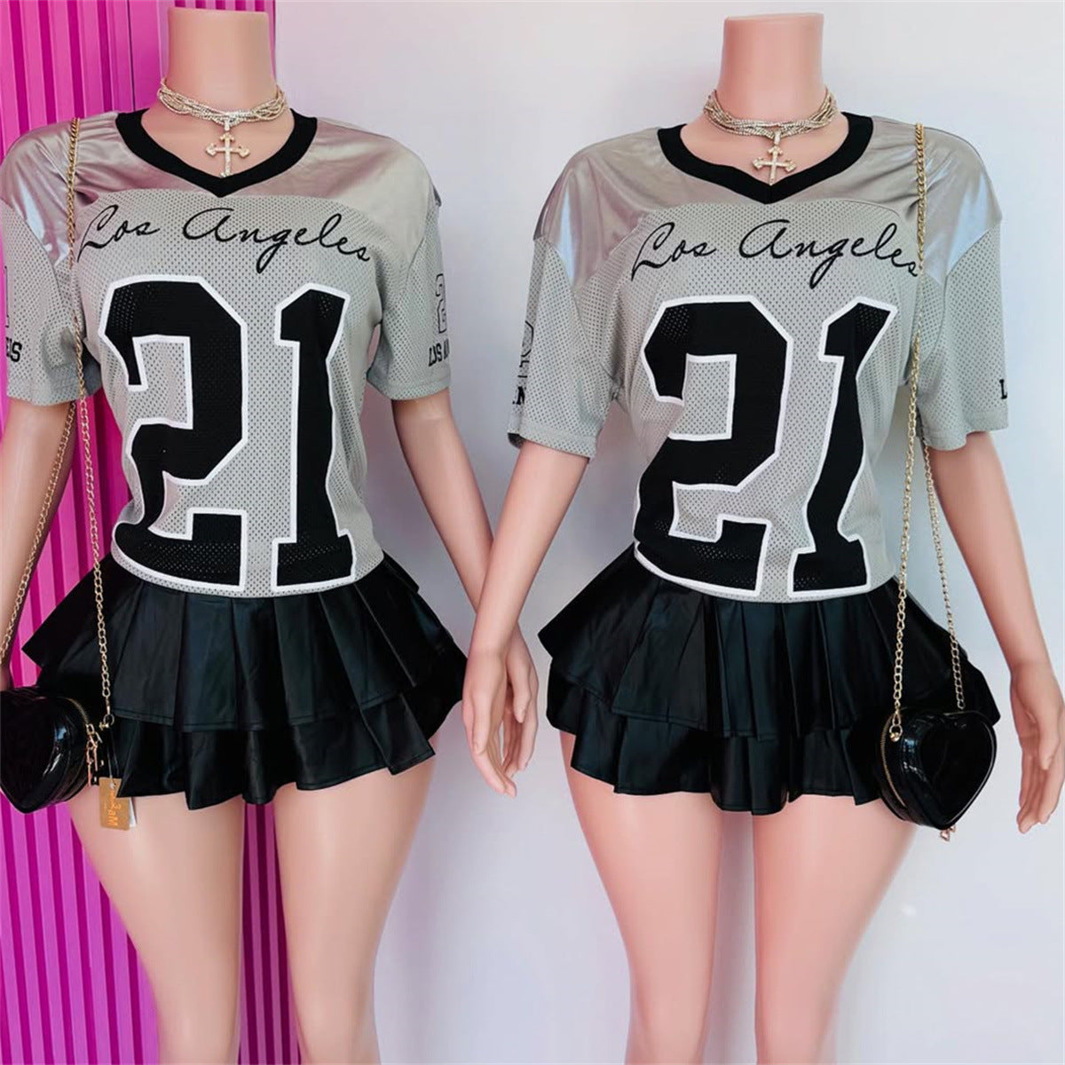 new New fashion street printing contrasting colors loose casual short-sleeved top V-neck sports style T-shirt women's clothing