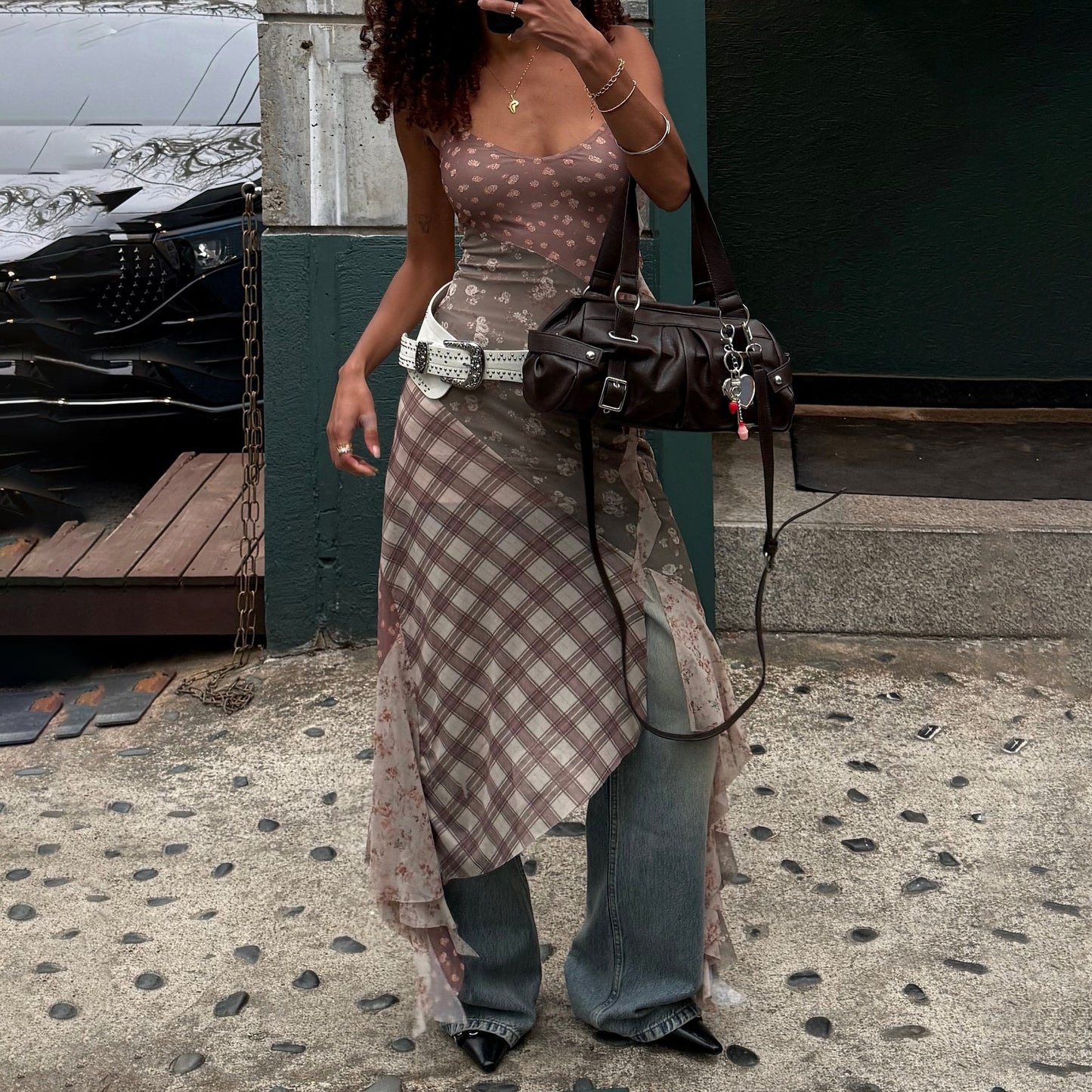 n contrasting color splicing suspender dress irregular skirt tattered design sense niche long dress female slim fashion