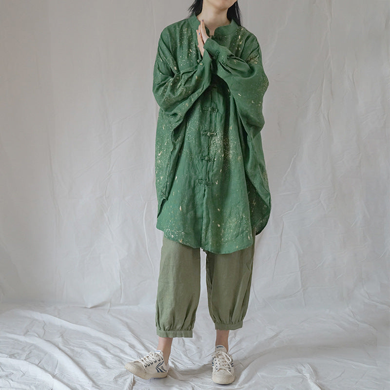 retro art splash ink printing linen Chinese loose coat, Guochao placket silhouette shirt S22293