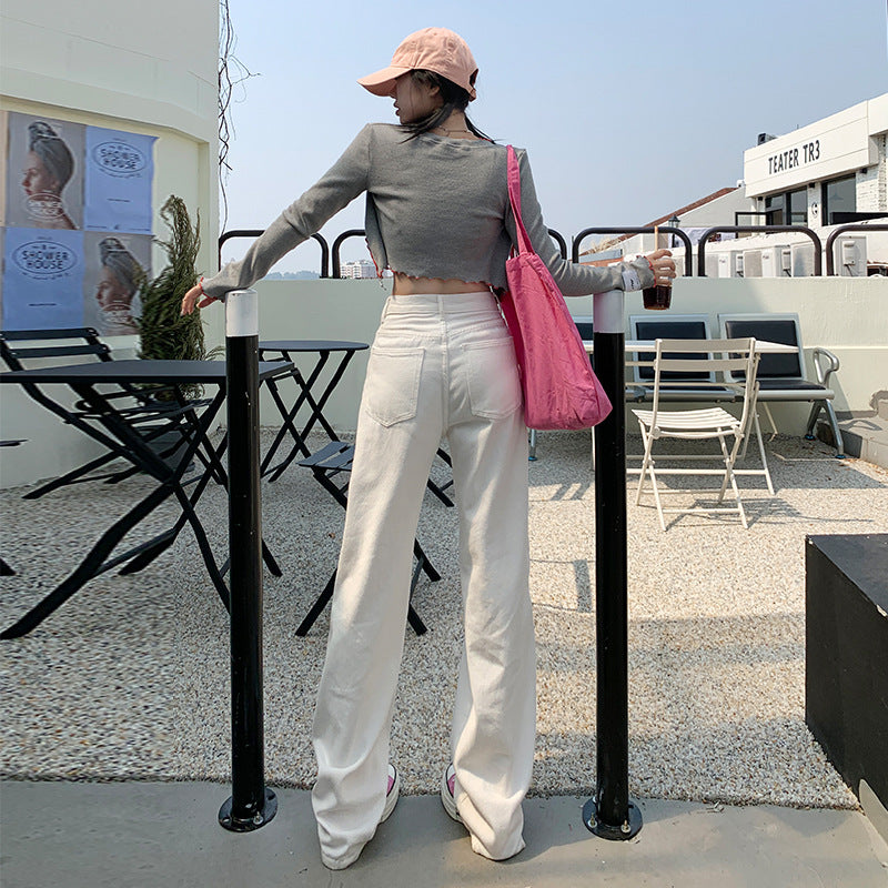 White Wide-Leg Jeans for Women 2025 Spring and Autumn New High Waist Straight Loose Slimming Small Mop Pants Trendy