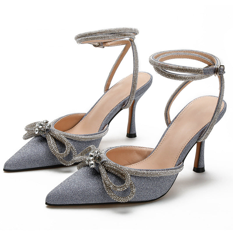 VLOVELAW Rhinestone Bow High Heel Shoes Stiletto Sexy Summer High Heel Sandals Closed Toe Back Empty All-Match