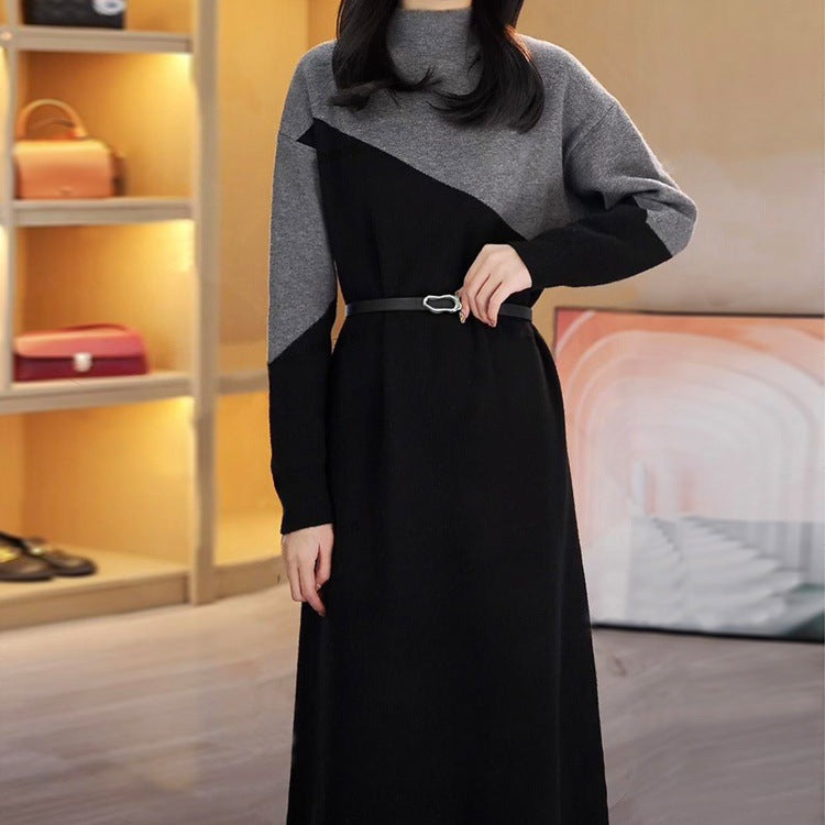 VLOVELAW Autumn and winter new fashion and thin high-end sweater skirt 2025 style color matching semi-turtleneck knitted sweater dress women