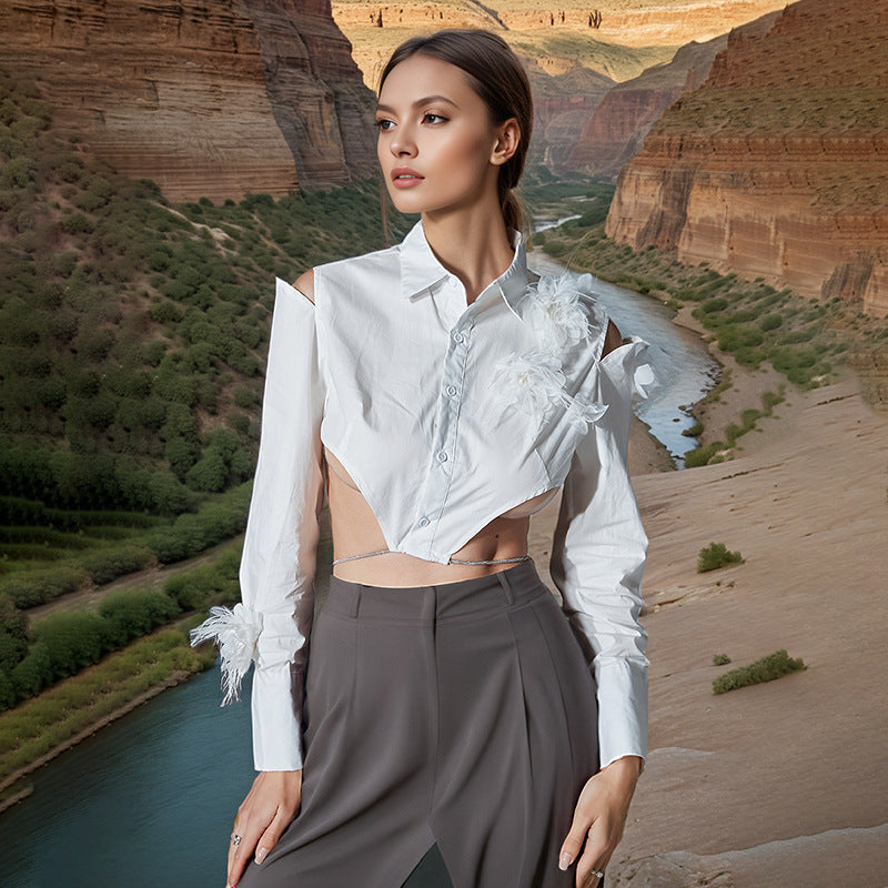 2025 early spring new fashion off-the-shoulder feathers irregular design sense lace-up halter shirt top women