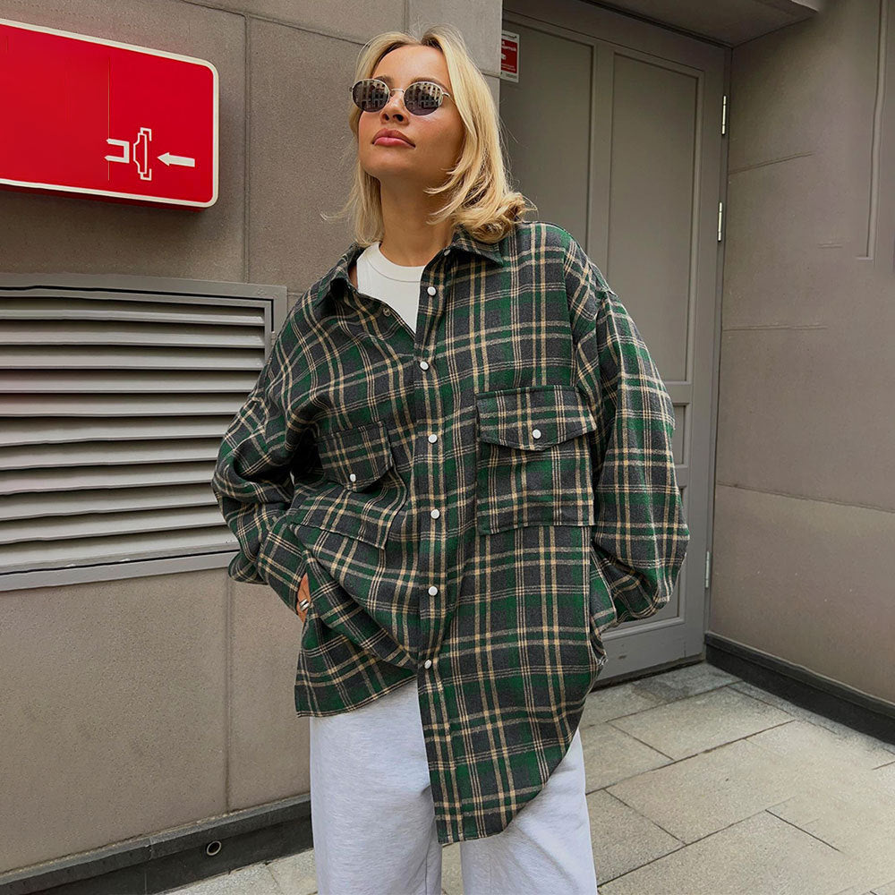 KKBOXLY Plaid shirt women's 2025 cross-border New autumn new American retro double pocket plaid striped medium and long shirt