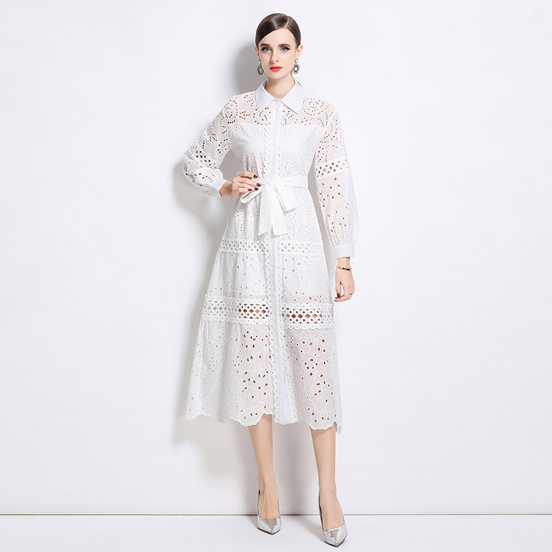 Bohemian vacation dress women's popular new age-reducing bubble sleeves slim-fitting long heavy industry embroidered shirt skirt