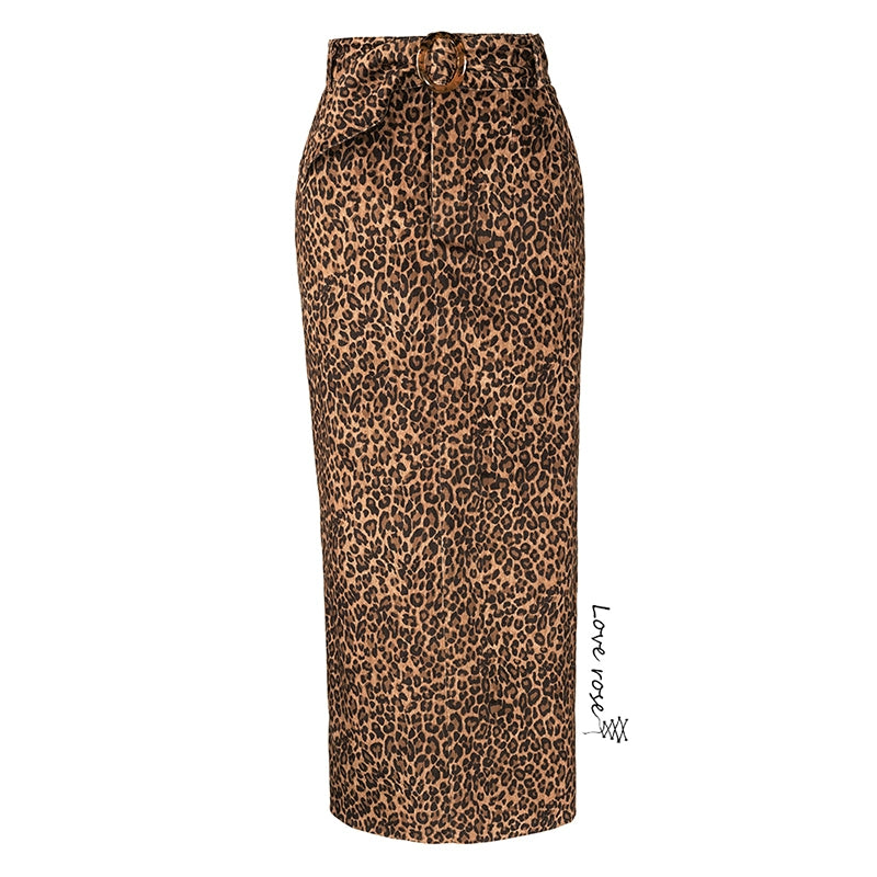 popular autumn new women's skirt, leopard print high waist medium and long versatile split skirt, waist straight skirt