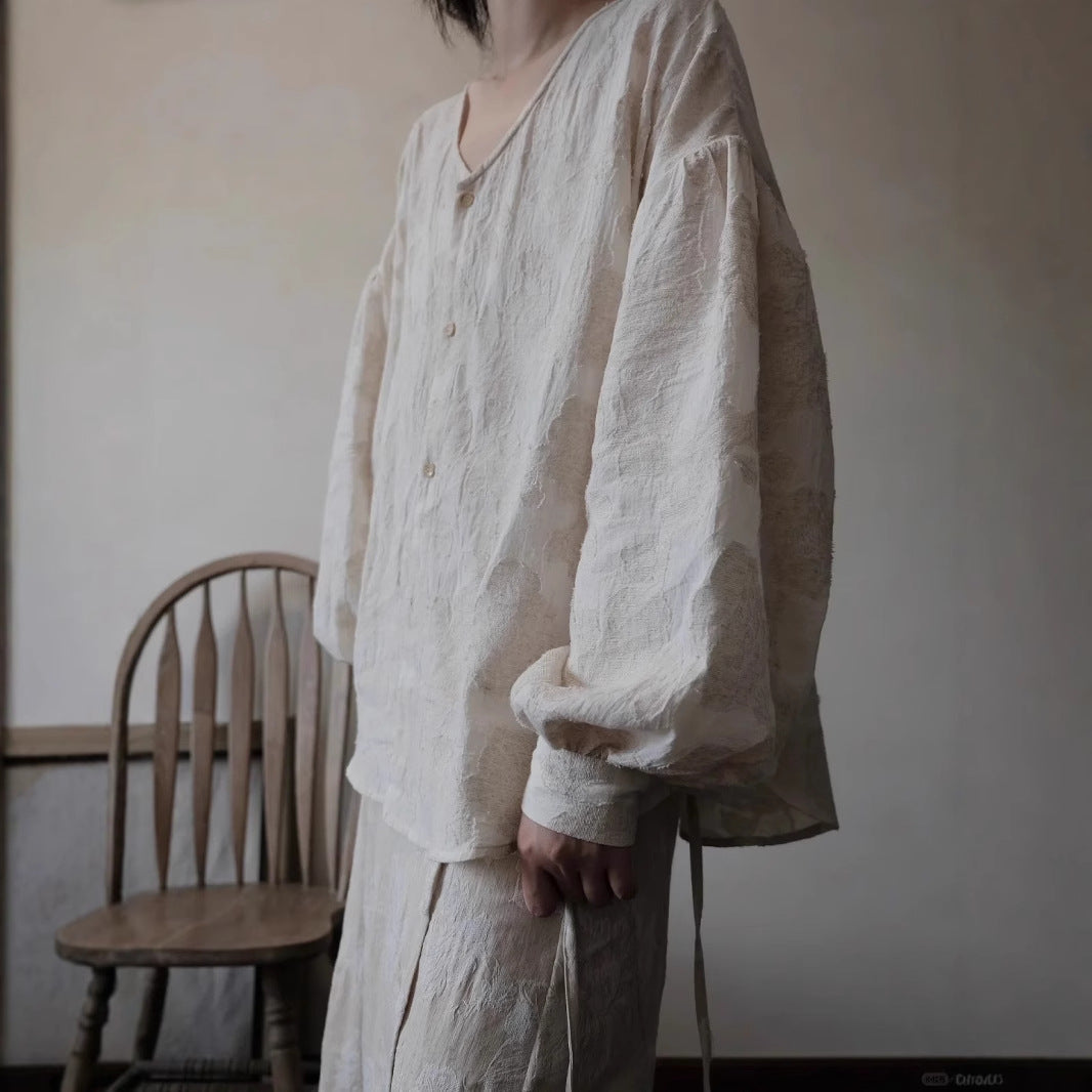 Set Spring cut lantern sleeve shirt B0217 two-piece set embroidered one-piece strap skirt B0218