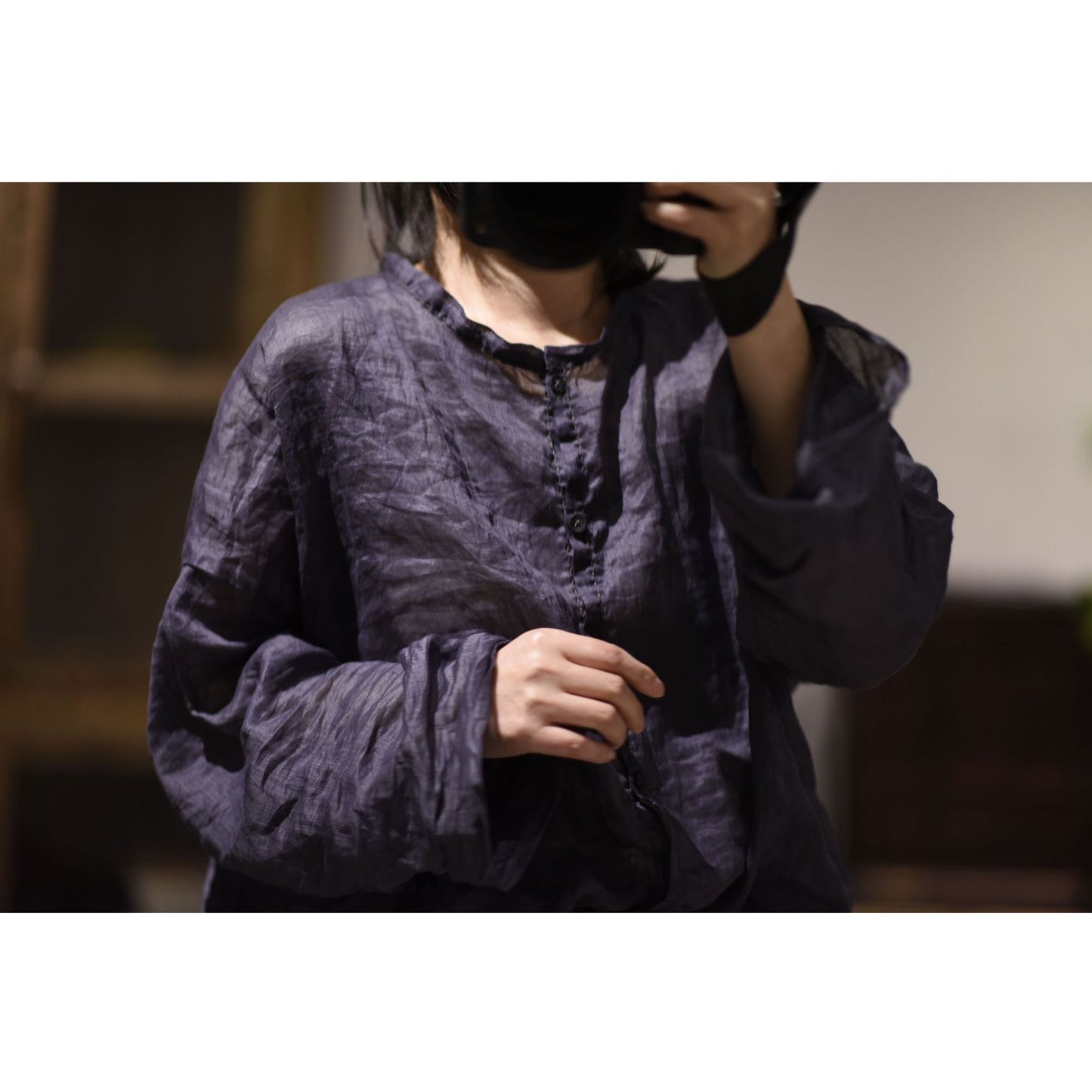 2025 23/3 Xiaochu, inner literary and retro light and thin ramie loose shoulder crew neck button-down shirt