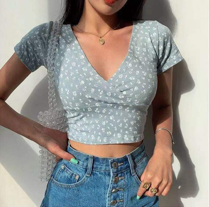 VLOVELAW New Floral Short Navel Elegant Top Women's Summer Slim Fit Slimming V-Neckline Short Sleeve Korean Style T-shirt Women's Fashion