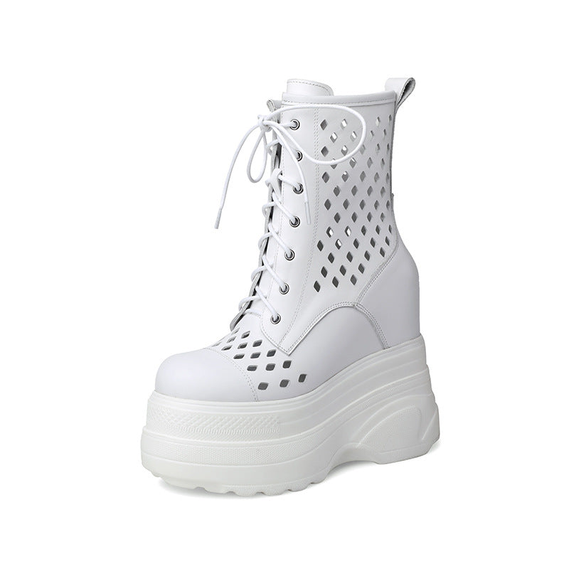 Spring Mid-Calf Lace up Hollow Zipper Hidden Heel Platform 14cm Platform Dr. Martens Boots Women's Boots Fashion