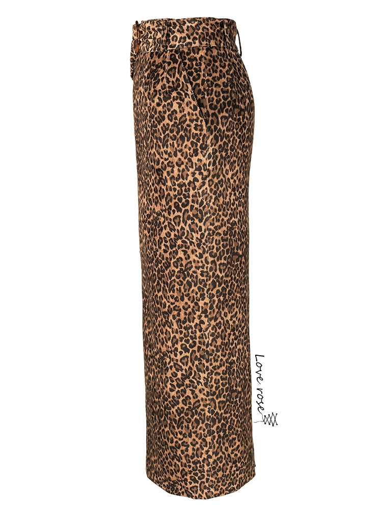 popular autumn new women's skirt, leopard print high waist medium and long versatile split skirt, waist straight skirt