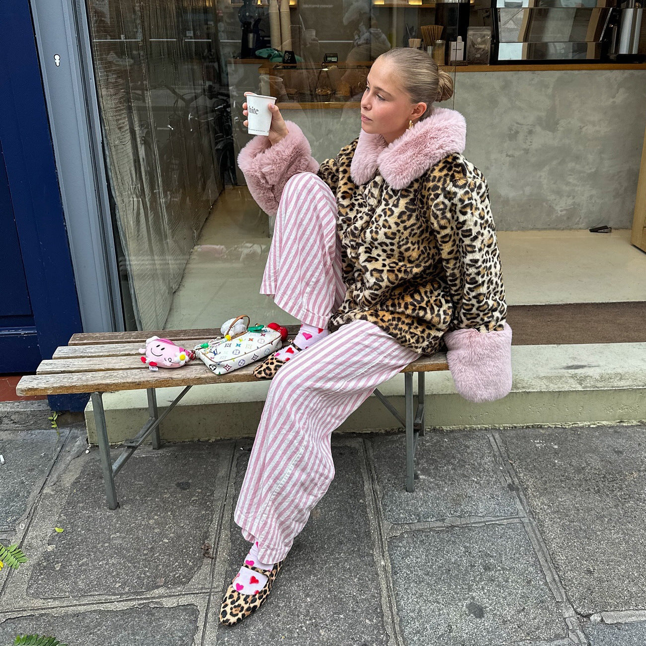 2025 retro leopard print splicing coral fleece jacket women's sweet and spicy wind niche plush cardigan women's jacket high sense