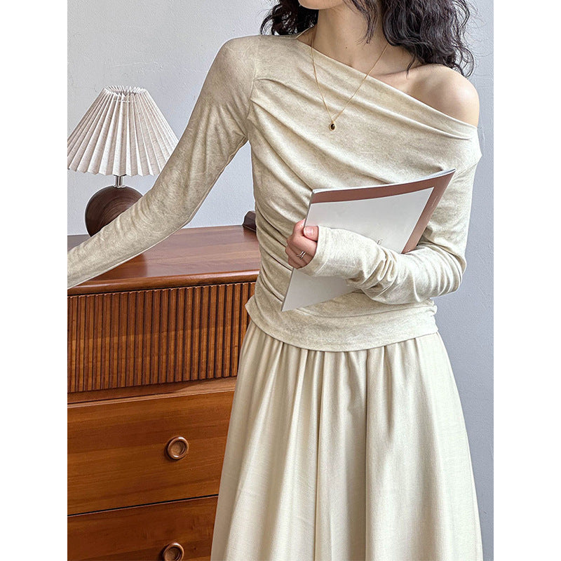 2025 Tachibana popular autumn temperament light mature suit women's irregular one-word shoulder + high waist skirt 3311